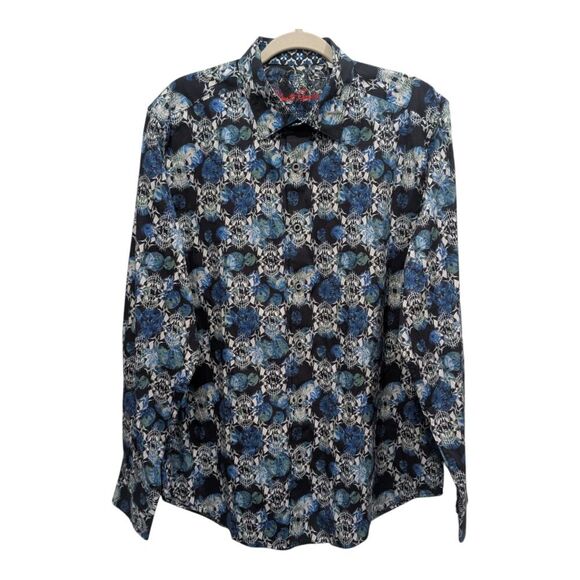 New! Robert Graham Mens Blue Black Cyber Grunge Skulls Floral Button Up Shirt, L - Picture 1 of 9